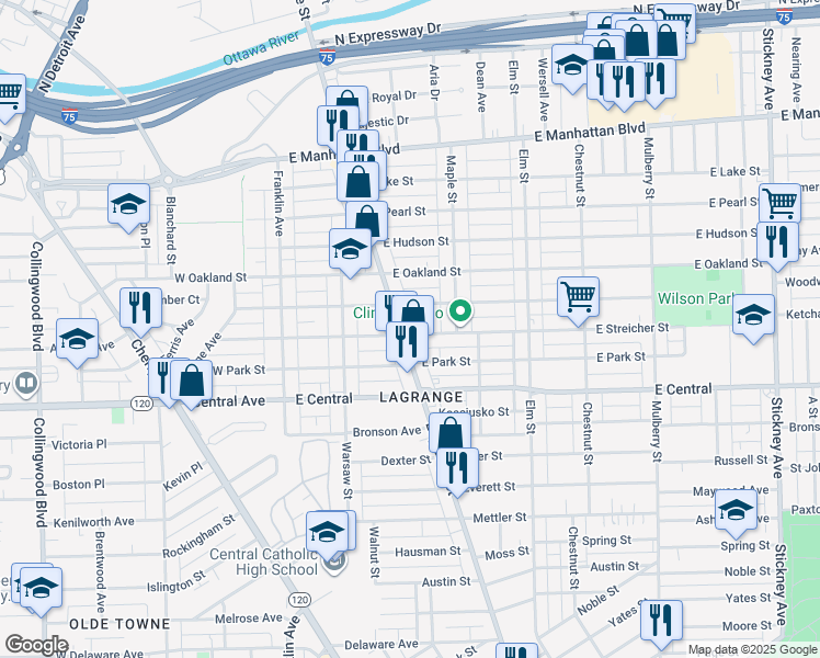 map of restaurants, bars, coffee shops, grocery stores, and more near 213 E Streicher St in Toledo