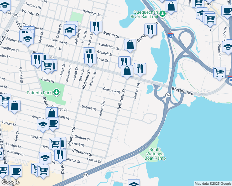 map of restaurants, bars, coffee shops, grocery stores, and more near 239 Glasgow Street in Fall River