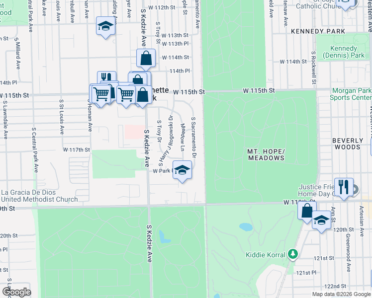 map of restaurants, bars, coffee shops, grocery stores, and more near 11708 Meadow Lane in Merrionette Park