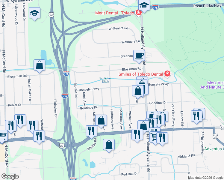 map of restaurants, bars, coffee shops, grocery stores, and more near 6063 Bonsels Parkway in Toledo