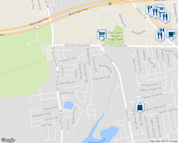 map of restaurants, bars, coffee shops, grocery stores, and more near 61 Webbers Path in Yarmouth