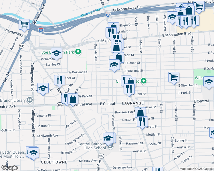 map of restaurants, bars, coffee shops, grocery stores, and more near 3201 Warsaw Street in Toledo