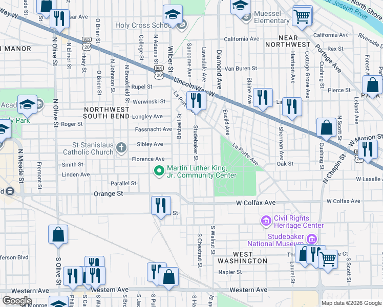 map of restaurants, bars, coffee shops, grocery stores, and more near 405 Studebaker Street in South Bend
