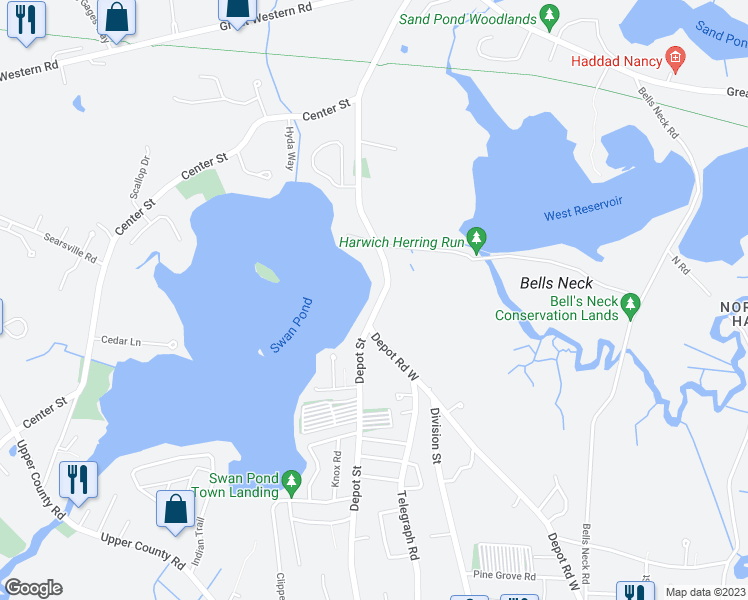 map of restaurants, bars, coffee shops, grocery stores, and more near 457 Depot Street in Dennis