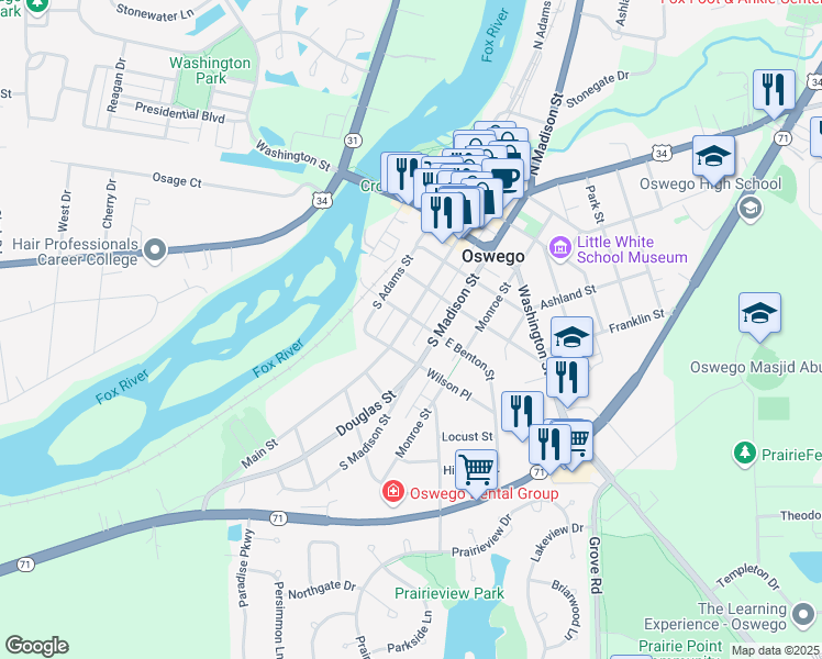 map of restaurants, bars, coffee shops, grocery stores, and more near 262 Main Street in Oswego