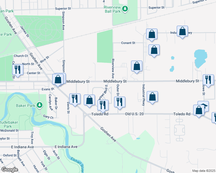 map of restaurants, bars, coffee shops, grocery stores, and more near 215 Clarinet Boulevard East in Elkhart