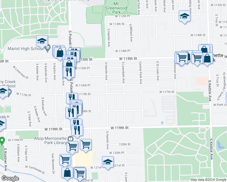 map of restaurants, bars, coffee shops, grocery stores, and more near 3734 West 117th Street in Alsip