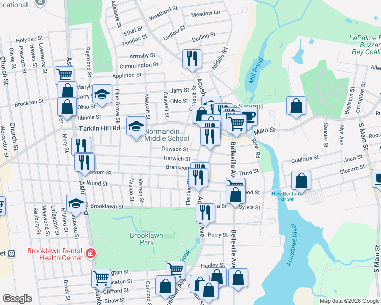 map of restaurants, bars, coffee shops, grocery stores, and more near 201-203 Harwich Street in New Bedford
