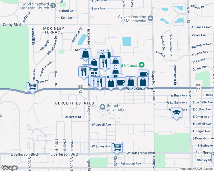map of restaurants, bars, coffee shops, grocery stores, and more near 838 U.S. 20 Business in Mishawaka