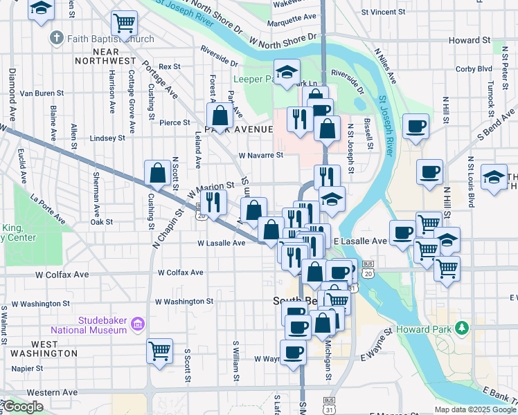 map of restaurants, bars, coffee shops, grocery stores, and more near 315 West Madison Street in South Bend
