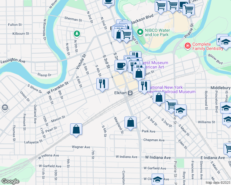 map of restaurants, bars, coffee shops, grocery stores, and more near 615 South 3rd Street in Elkhart