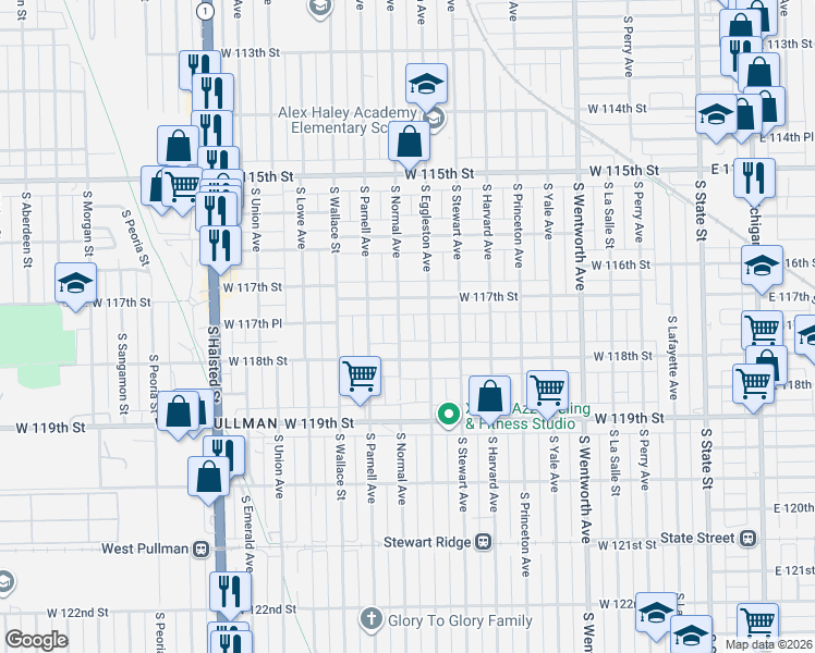 map of restaurants, bars, coffee shops, grocery stores, and more near 11731 South Normal Avenue in Chicago
