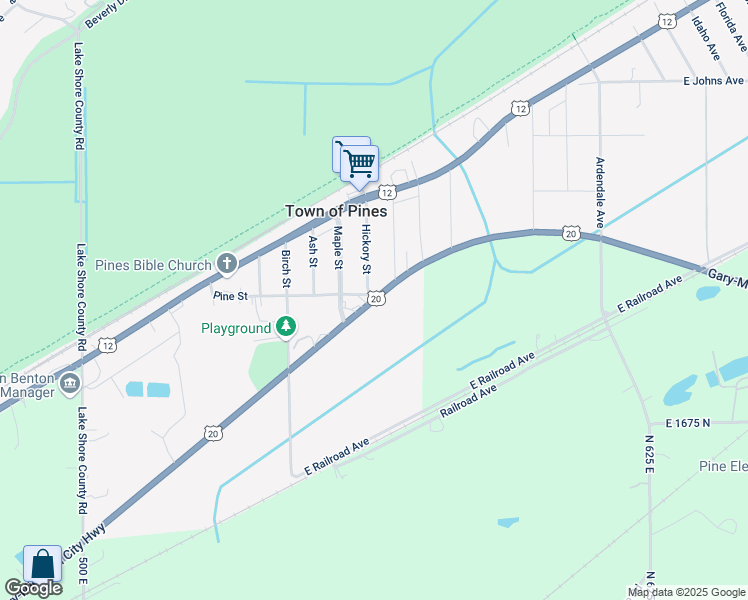 map of restaurants, bars, coffee shops, grocery stores, and more near 3487 Gary-Michigan City Highway in Town of Pines