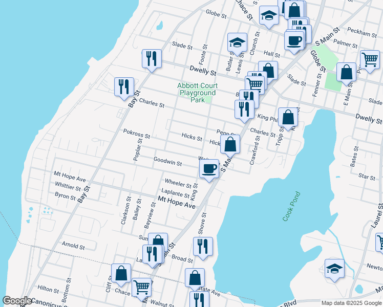 map of restaurants, bars, coffee shops, grocery stores, and more near 252 Walter Street in Fall River