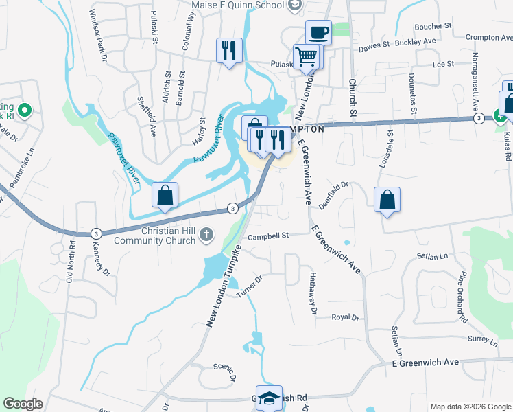 map of restaurants, bars, coffee shops, grocery stores, and more near 1792 New London Turnpike in West Warwick