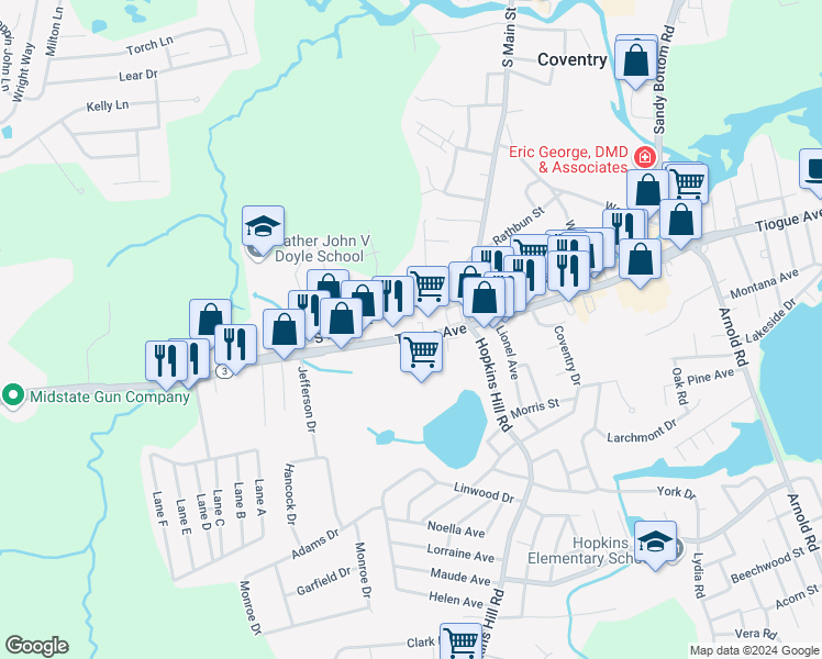 map of restaurants, bars, coffee shops, grocery stores, and more near 915 Tiogue Avenue in Coventry