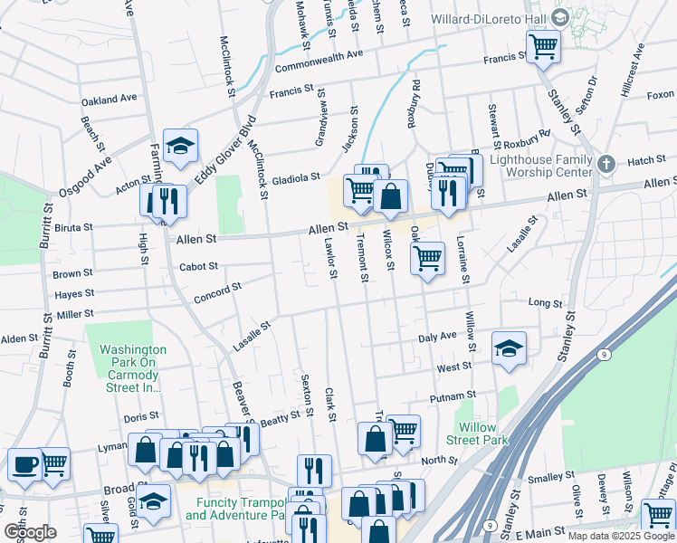 map of restaurants, bars, coffee shops, grocery stores, and more near 243 Lawlor Street in New Britain