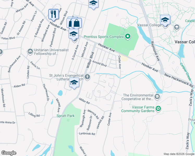 map of restaurants, bars, coffee shops, grocery stores, and more near 4001 Fox Lane in Poughkeepsie