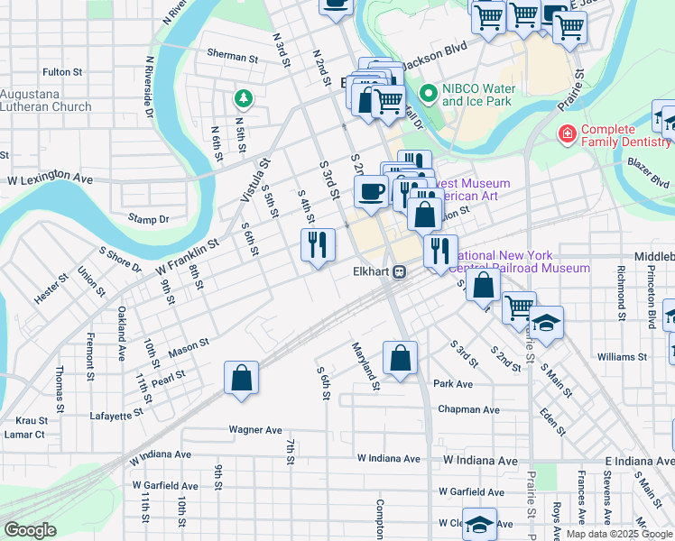 map of restaurants, bars, coffee shops, grocery stores, and more near 615 South 3rd Street in Elkhart