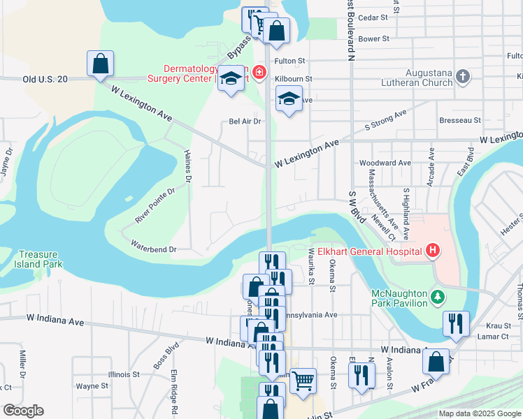 map of restaurants, bars, coffee shops, grocery stores, and more near 1816 Rainbow Bend Boulevard in Elkhart