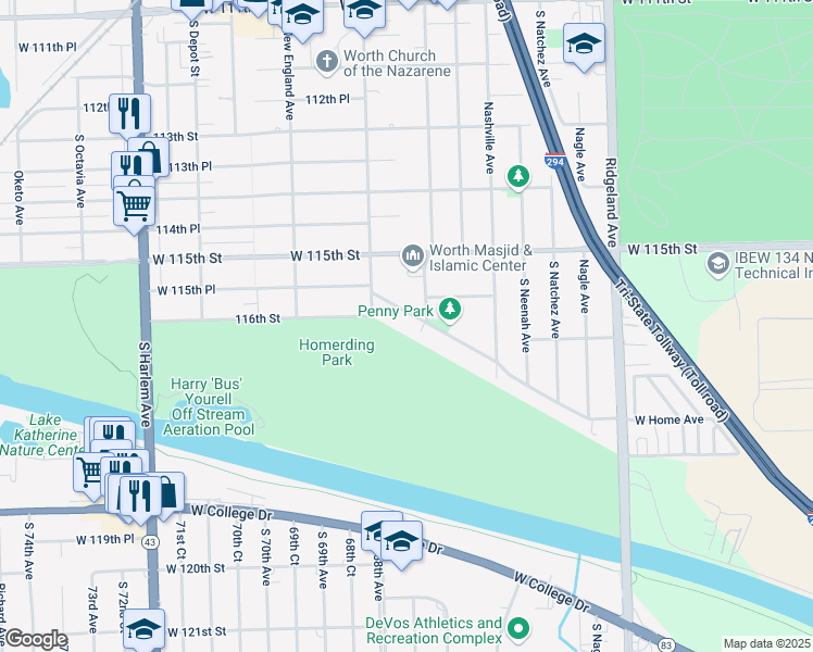 map of restaurants, bars, coffee shops, grocery stores, and more near 6725 West Home Avenue in Worth