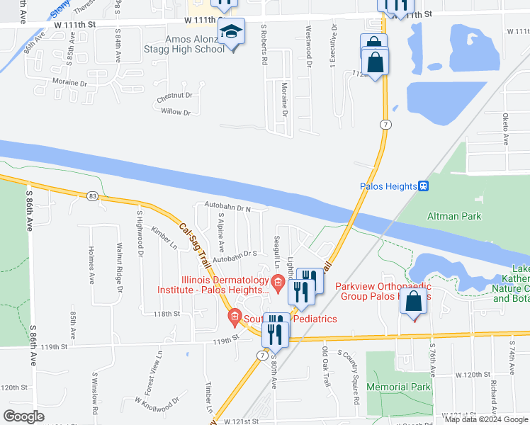 map of restaurants, bars, coffee shops, grocery stores, and more near 7920 Breakwater Way in Palos Heights
