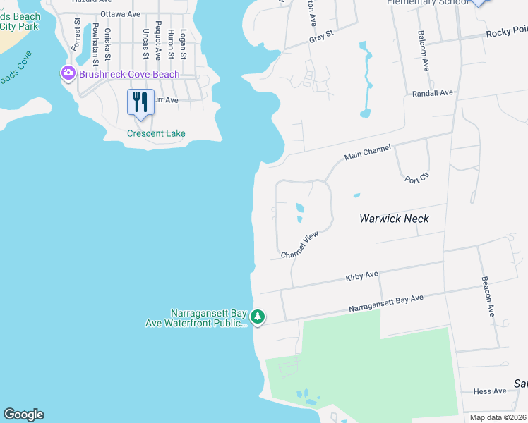 map of restaurants, bars, coffee shops, grocery stores, and more near 236 Channel View in Warwick