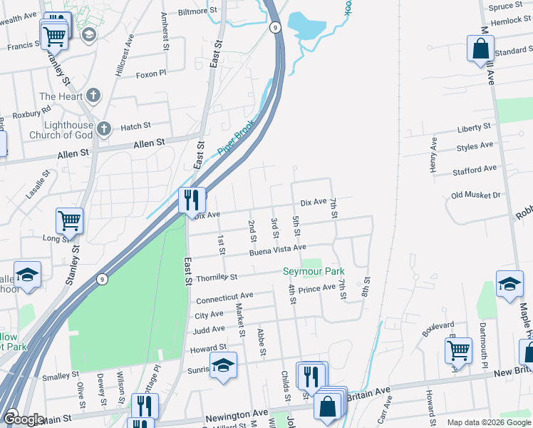 map of restaurants, bars, coffee shops, grocery stores, and more near 50 3rd Street in New Britain