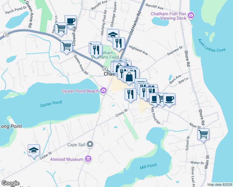 map of restaurants, bars, coffee shops, grocery stores, and more near 10 Kingsbury Way in Chatham