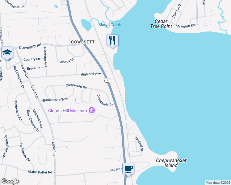 map of restaurants, bars, coffee shops, grocery stores, and more near 4064 Post Road in Warwick