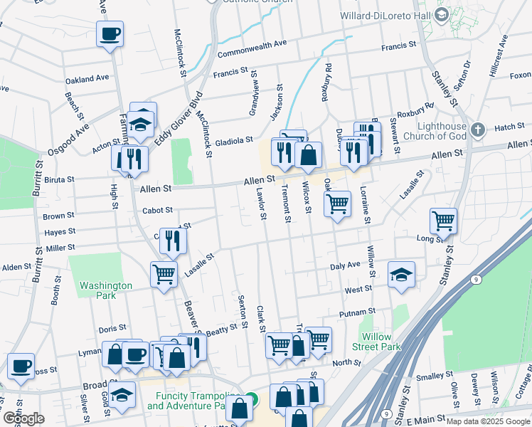 map of restaurants, bars, coffee shops, grocery stores, and more near 243 Lawlor Street in New Britain