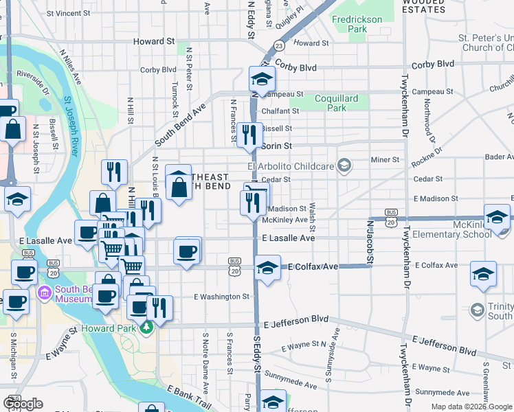 map of restaurants, bars, coffee shops, grocery stores, and more near 422 North Eddy Street in South Bend