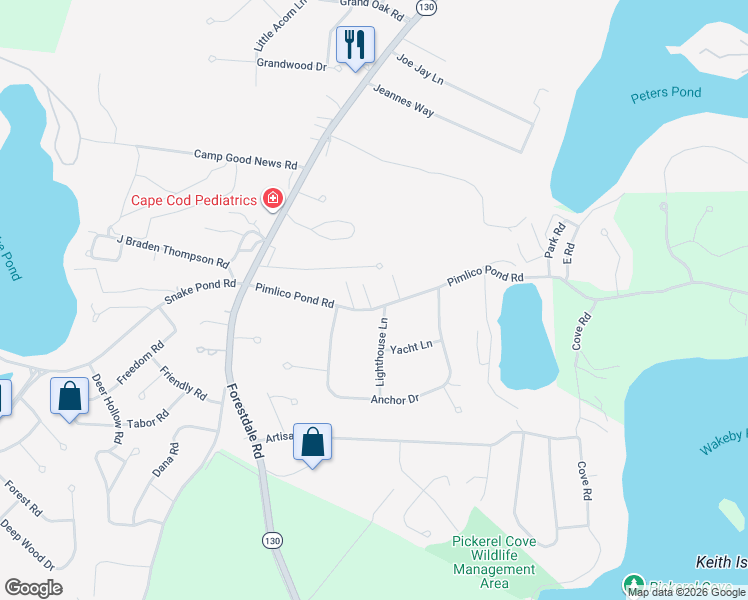 map of restaurants, bars, coffee shops, grocery stores, and more near 33 Pimlico Pond Road in Sandwich