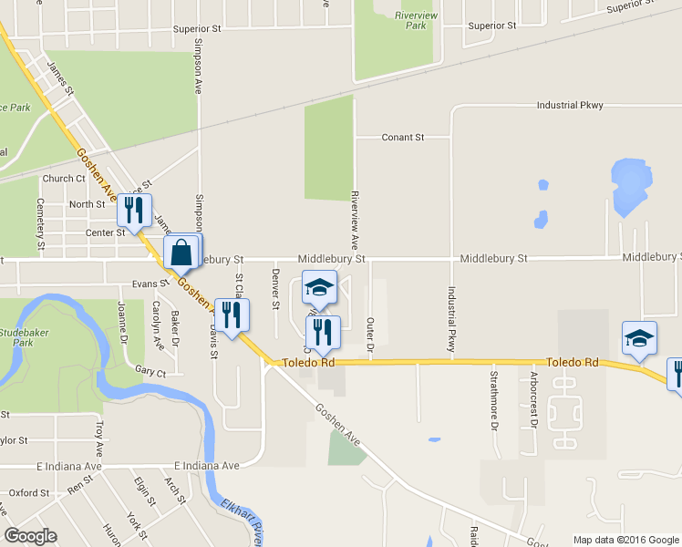 map of restaurants, bars, coffee shops, grocery stores, and more near 215 Clarinet Boulevard East in Elkhart