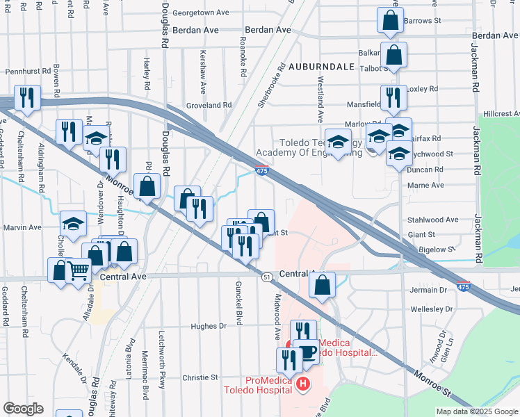 map of restaurants, bars, coffee shops, grocery stores, and more near 3240 Northwood Avenue in Toledo