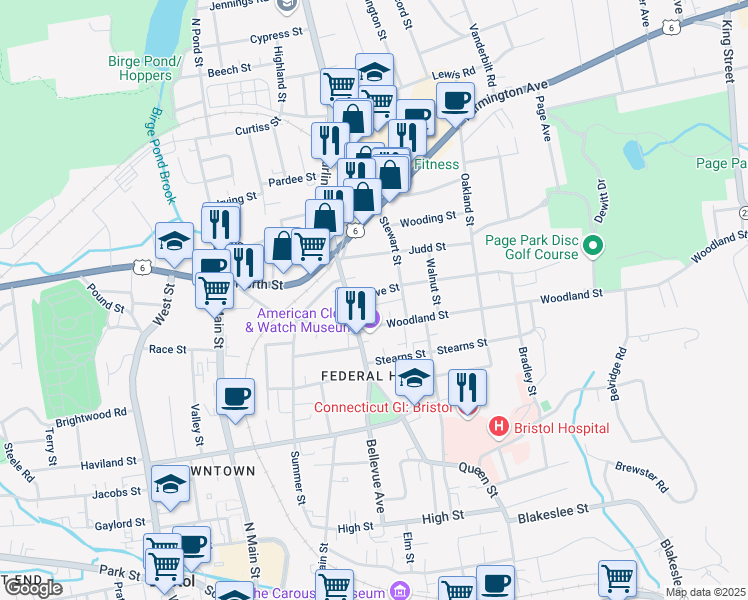 map of restaurants, bars, coffee shops, grocery stores, and more near 130 Maple Street in Bristol