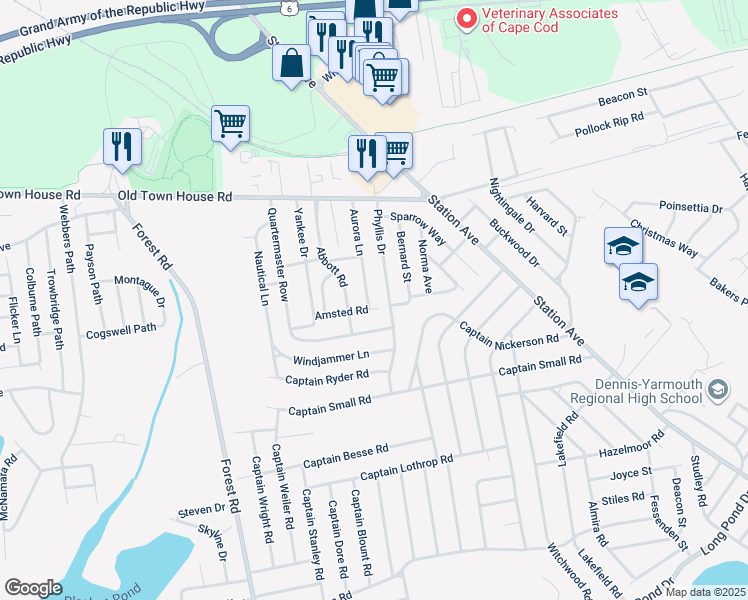 map of restaurants, bars, coffee shops, grocery stores, and more near 64 Aurora Lane in Yarmouth