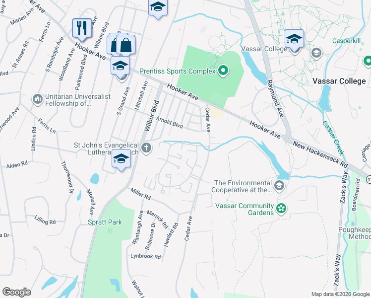 map of restaurants, bars, coffee shops, grocery stores, and more near 215 Falcon Court in Poughkeepsie