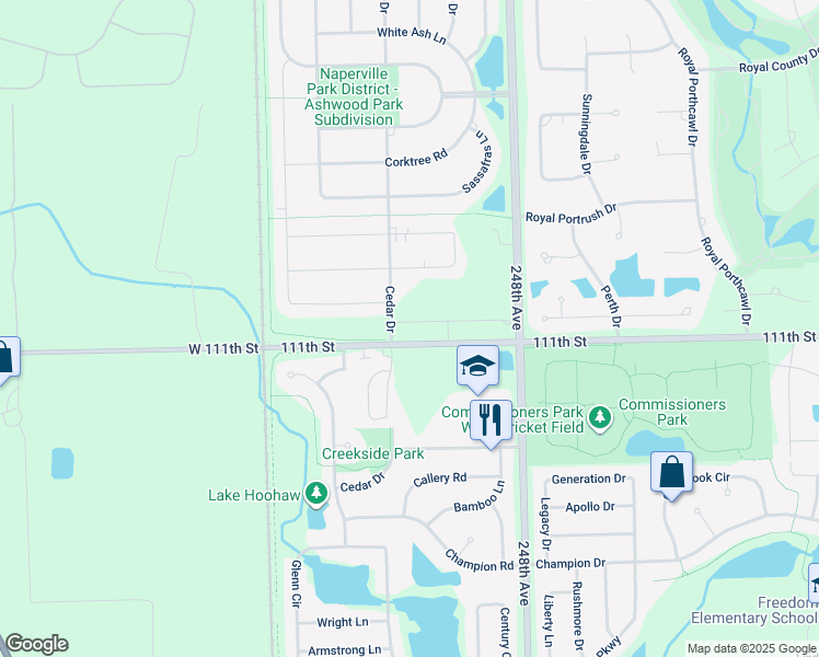 map of restaurants, bars, coffee shops, grocery stores, and more near 25035 111th Street in Naperville