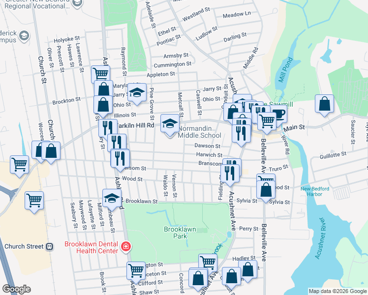 map of restaurants, bars, coffee shops, grocery stores, and more near 81 Felton Street in New Bedford
