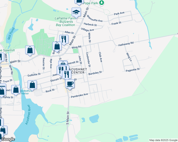 map of restaurants, bars, coffee shops, grocery stores, and more near 74 James Street in Acushnet