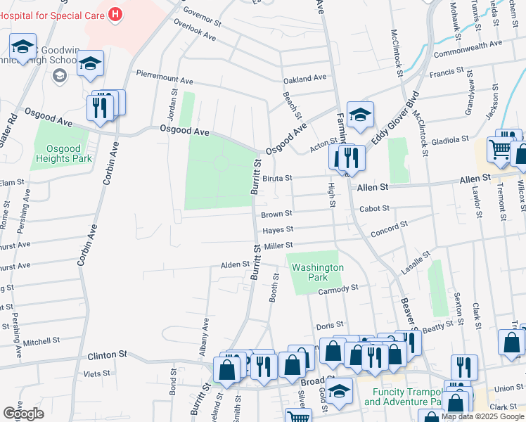 map of restaurants, bars, coffee shops, grocery stores, and more near 115 Brown Street in New Britain