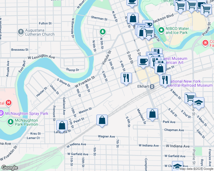map of restaurants, bars, coffee shops, grocery stores, and more near 507 South 6th Street in Elkhart