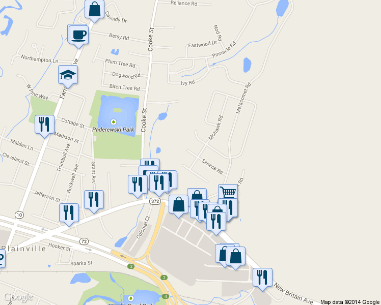 map of restaurants, bars, coffee shops, grocery stores, and more near 21 Seneca Road in Plainville