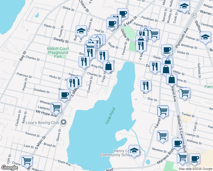 map of restaurants, bars, coffee shops, grocery stores, and more near 447 Kilburn Street in Fall River