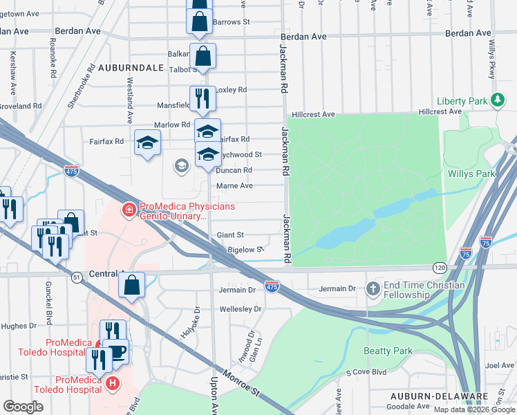 map of restaurants, bars, coffee shops, grocery stores, and more near 1742 Stahlwood Avenue in Toledo