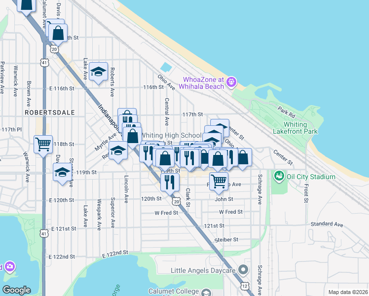 map of restaurants, bars, coffee shops, grocery stores, and more near 1815 Laporte Ave in Whiting