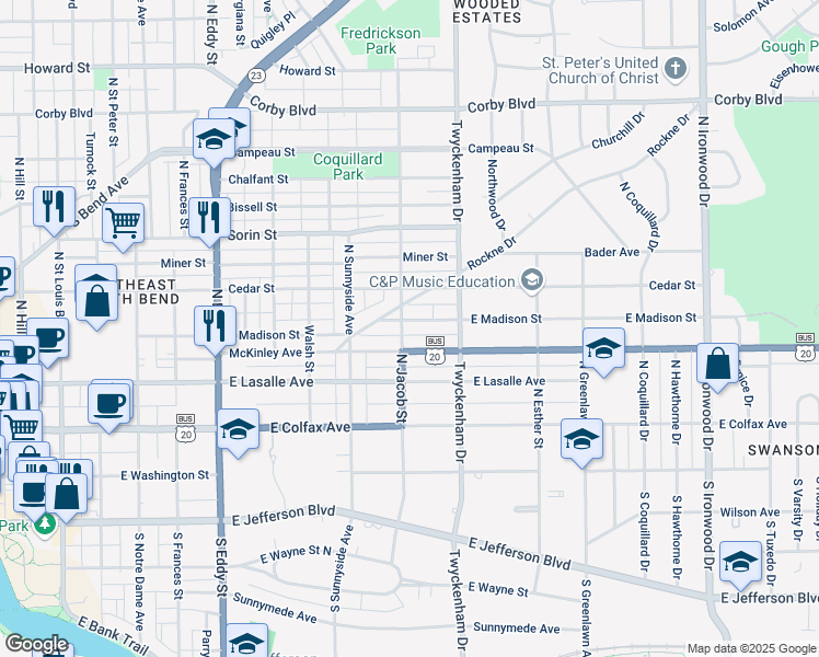 map of restaurants, bars, coffee shops, grocery stores, and more near 1417 Mc Kinley Ave in South Bend