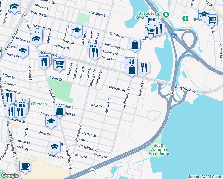 map of restaurants, bars, coffee shops, grocery stores, and more near 52 Duluth Street in Fall River