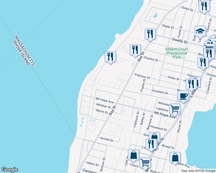 map of restaurants, bars, coffee shops, grocery stores, and more near 56 Moorland Street in Fall River